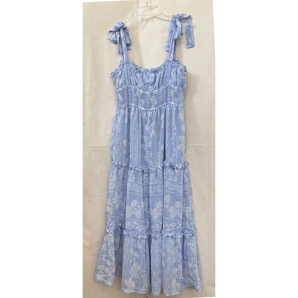 Trixxi Milkmaid Tiered Maxi Dress L Blue Floral Tie Strap Smocked Ruffle Peasant - Picture 5 of 13